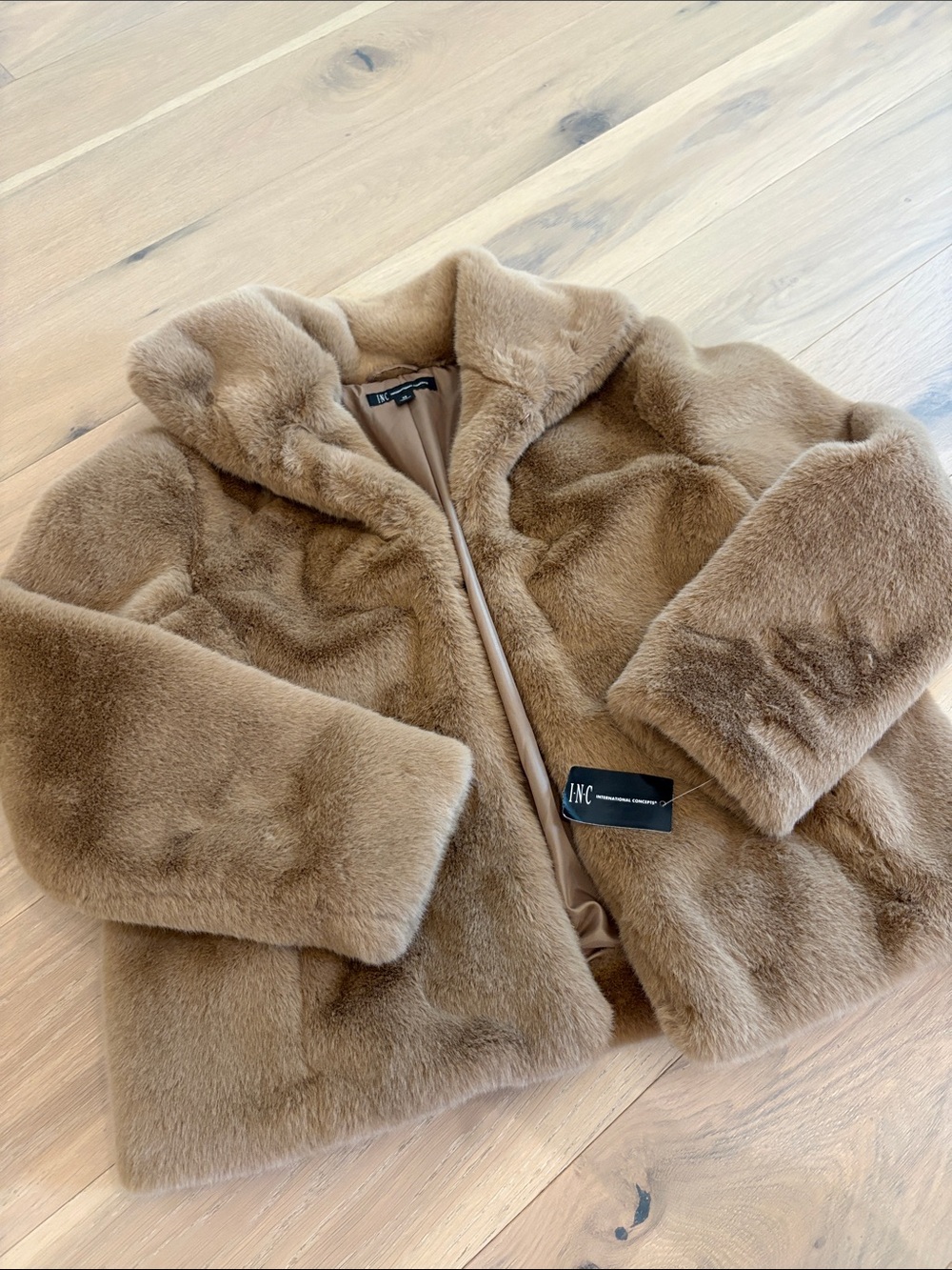 INC International Concepts NWT Plush Faux Fur Pea Coat in Light Brown